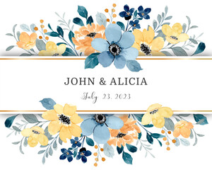 Yellow blue flower border with watercolor