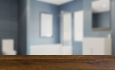 Background with empty table. Flooring. Clean and fresh bathroom with natural light. 3D rendering.. Mock