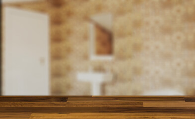 Background with empty table. Flooring. Clean and fresh bathroom with natural light. 3D rendering.