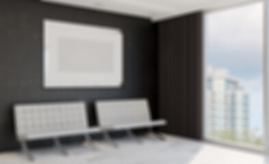 Reception in the business center. large windows with city views. armchairs for visitors.. 3D rendering. Mockup.   Empty paintings. Abstract blur phototography