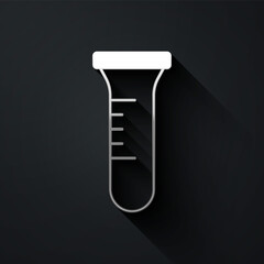 Silver Test tube and flask chemical laboratory test icon isolated on black background. Laboratory glassware sign. Long shadow style. Vector