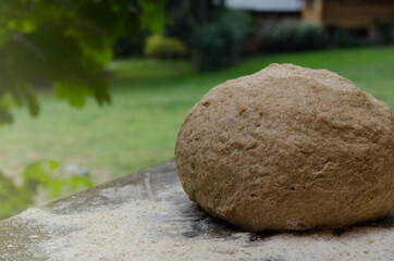 Fototapeta na wymiar ready-to-use whole wheat dough on wooden countertop