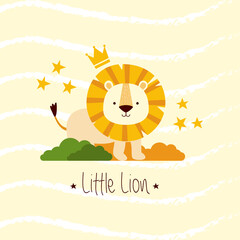Vector illustration of a cute little lion standing behind the bush