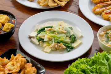 Indonesian specialities made from tofu are served on the table.