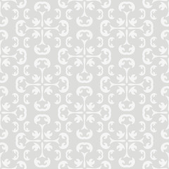 Monochrome background pattern with white ornament on a light gray background, wallpaper. Seamless pattern, texture. Vector illustration