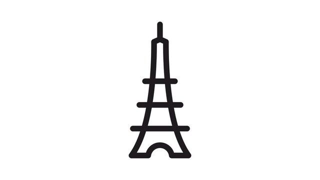 Eiffel tower icon animation Motion graphics 4k video motion illustration sign. Outline doodle style alpha channel