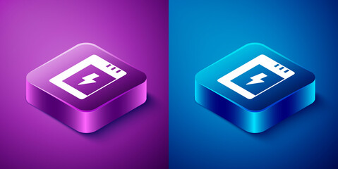 Isometric Battery for camera icon isolated on blue and purple background. Lightning bolt symbol. Square button. Vector