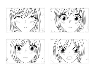 Four pairs of Asian Eyes look. Anime poster. Kawaii winking school girl face with big eyes in manga style