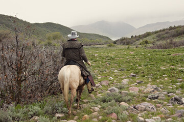 cowboy riding white horse in mountains and rainy weather