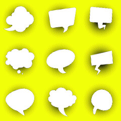 Collection of speech balloons with halftone dots background. White comic speech bubbles with a yellow background. Vector illustration. - 434955599