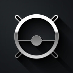 Silver Robot vacuum cleaner icon isolated on black background. Home smart appliance for automatic vacuuming, digital device for house cleaning. Long shadow style. Vector