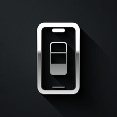 Silver Smartphone battery charge icon isolated on black background. Phone with a low battery charge. Long shadow style. Vector