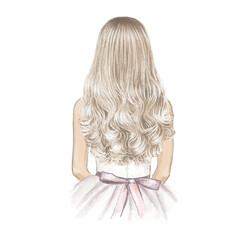 Girl with long blonde hair like a doll. Hand drawn illustration - 434955969