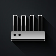 Silver Router and wi-fi signal icon isolated on black background. Wireless ethernet modem router. Computer technology internet. Long shadow style. Vector