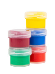 Different color cans of gouache paint isolated on the white background
