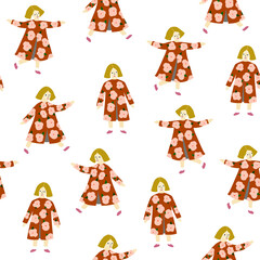 Repeated background with figures of young girls in dresses with flowers. Cute vector illustration in hand drawn style. Summer collection. Seamless floral pattern.