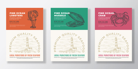 Seafood Vector Packaging Design or Label Templates Set. Ocean and Sea Products Banners. Modern Typography and Hand Drawn Lobster, Crab and Mussel Shell Silhouettes Backgrounds Layout Collection