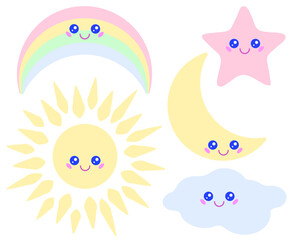 Sun emoji, kawaii star, rainbow smile, moon face and blue cloud vector collection on childish illustrations. Kawaii smiling emoji of sun, moon, star, rainbow and cloud sky objects. Baby design.