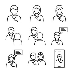 Doctor and Nurse line icons set. Contains such icons as consulting services, live chat, direct consultation, and more.
