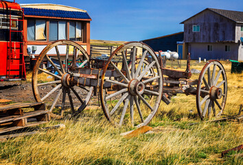 Fototapeta na wymiar What is left of an old wooden wagon in Ingomar Montana. 
