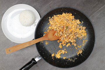 omelet or Thai omelet, Thai omelette or stir fried egg with pork
