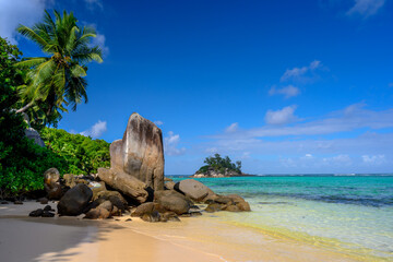 Seychelles, East Africa. Beach view. Summer vacation and tropical beach background concept. La Digue island lagoon view.