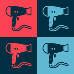 Pop art Hair dryer icon isolated on color background. Hairdryer sign. Hair drying symbol. Blowing hot air. Vector