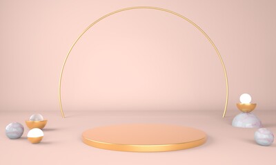3d rendering studio with geometric shapes, podium on the floor. Platforms for product presentation, mock up background.