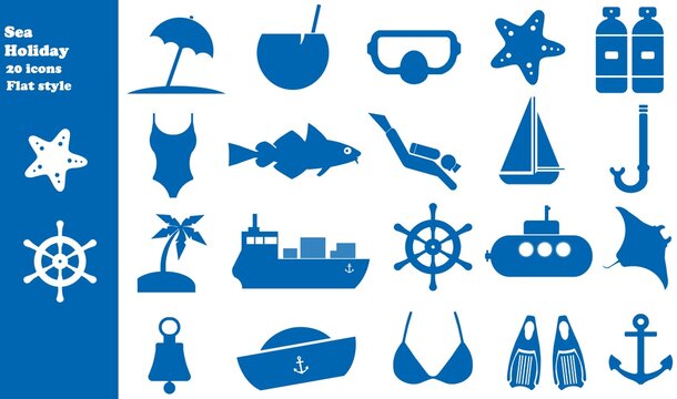 Mer et vacances en 15 icônes bleus, collection