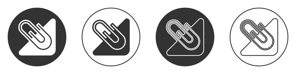 Black Paper clip icon isolated on white background. Circle button. Vector