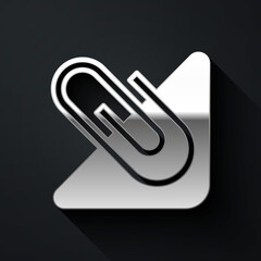Silver Paper clip icon isolated on black background. Long shadow style. Vector