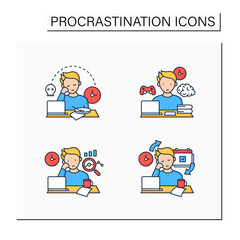 Procrastination color icons set. Laziness, brain procrastination, statistics, chronic. Overwhelmed concept. Isolated vector illustrations