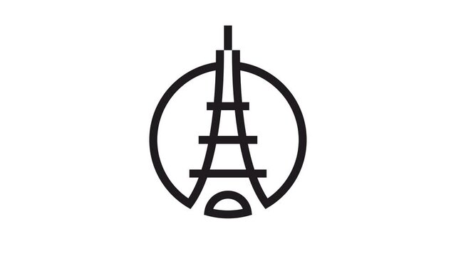 Eiffel tower icon animation Motion graphics 4k video motion illustration sign. Outline doodle style alpha channel.