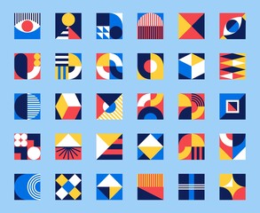 Bauhaus forms. Square tiles with modern geometric patterns with abstract figures and shapes. Contemporary graphic bauhaus design vector set