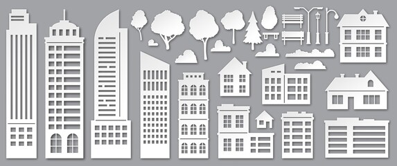 Paper cut city buildings. Origami skyscrapers, town houses, village cottages and park trees silhouettes. Urban landscape elements vector set