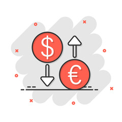 Currency exchange icon in comic style. Dollar euro transfer cartoon vector illustration on white isolated background. Financial process splash effect business concept.