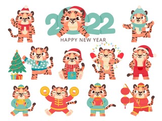 Cute tiger 2022. Chinese happy new year symbol tigers in traditional costume with gold. Merry christmas baby animal in santa hat vector set