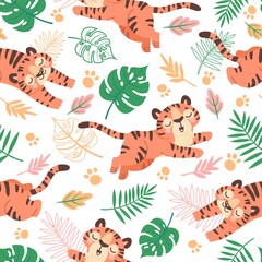 Fototapeta na wymiar Baby tiger seamless pattern. Cute childish cartoon tigers, paw prints and tropical leaves. Jungle animal, wild cats, kids vector wallpaper