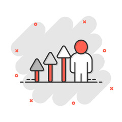 Obraz premium People with growth arrow icon in comic style. Work strategy cartoon vector illustration on white isolated background. Office training splash effect business concept.