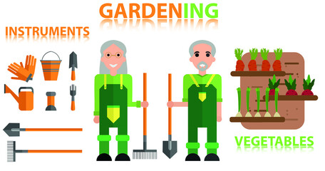 set for gardening. Gardener and tools. Vector