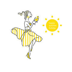 ビーチで休暇を楽しむ水着の女性　シンプルでお洒落な線画イラスト