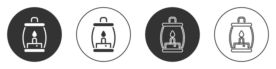 Black Camping lantern icon isolated on white background. Happy Halloween party. Circle button. Vector