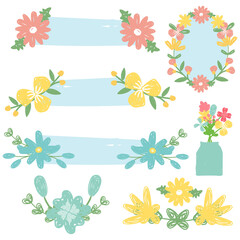 Set of floral decorations in hand drawn style. Flowers bouquet collection. Doodle design. Vector illustration.