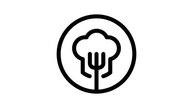 chef hat fork line icon animation Motion graphics 4k video motion illustration sign. Outline doodle style alpha channel.