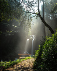 Magelang, Central Java/ Indonesia - April, 21, 2019 :The mist morning of waterfall Grenjengan...