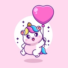Cute baby unicorn flying with balloon cartoon