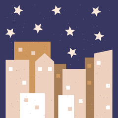 night city, retro buildings illustration, stars sky 