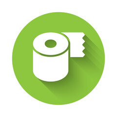 White Toilet paper roll icon isolated with long shadow. Green circle button. Vector