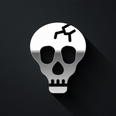 Silver Skull icon isolated on black background. Happy Halloween party. Long shadow style. Vector