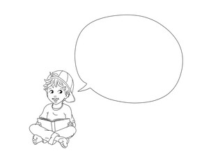 Junge Kleinkind Kind sitzen lächeln barfuß Schüler Teenager lachen Buch lesen Freude Schule Freizeit Hintergrund weiß Bildung Geschäft Vorlage freundlich Sprechblase niedlich lernen Spaß Erkenntnis